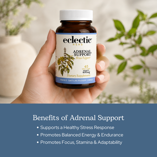 Bottle of Adrenal Support Capsules with freeze-dried botanical concentrate for healthy adrenal function and stress response
