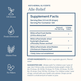 Alle-Relief Kids herbal immune and respiratory support liquid with wildcrafted nettle, eyebright, and mullein for children