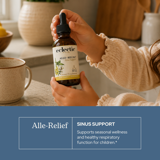 Bottle of Alle-Relief Kids herbal liquid for seasonal immune and respiratory support in children