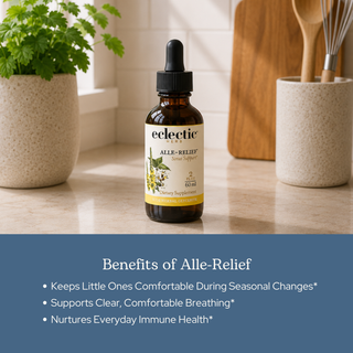 Alle-Relief Kids herbal supplement for seasonal immune and respiratory support with nettle, eyebright, and mullein in a kid-friendly liquid formula