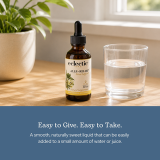 Bottle of Alle-Relief herbal liquid for kids supporting seasonal immune and respiratory health with wildcrafted botanicals