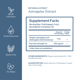 Bottle of organic Astragalus extract for immune and energy support with clean, sustainable ingredients