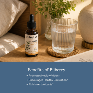 Bottle of Bilberry Glycerite for vision and cardiovascular support with vegan, non-GMO, and alcohol-free formula.