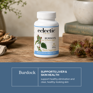 Organic Burdock capsules supporting liver, digestion, skin, and natural detox with freeze-dried US-grown root.