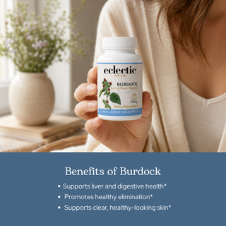 Organic freeze-dried burdock capsules supporting liver, digestion, skin, and detoxification.