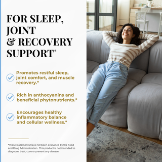 A promotional graphic with text on the left and a woman reclining on a light gray sofa on the right. The text reads: 'FOR SLEEP, JOINT & RECOVERY SUPPORT' and lists three benefits about restful sleep, joint comfort, muscle recovery, anthocyanins, phytonutrients, and inflammatory balance.