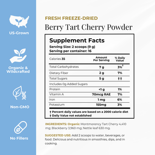 A product information graphic for Fresh Freeze-Dried Berry Tart Cherry Powder. The left side has a light blue vertical band with white icons and text reading US-Grown, Organic & Wildcrafted, Non-GMO, and No Fillers.