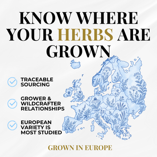 Promotional graphic with the headline 'KNOW WHERE YOUR HERBS ARE GROWN' above a blue illustrated map of the Europe. Text points include 'TRACEABLE SOURCING,' 'CLOSER TO HARVEST,' and 'GROWER & WILDCRAFTER RELATIONSHIPS.