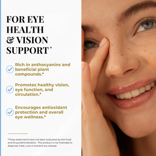 Bilberry supplement graphic highlighting traditional use for eye health and vision support.