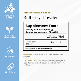 Eclectic Herb Bilberry Powder Supplement Facts label showing 4 g of bilberry powder per serving.