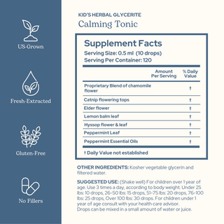 Bottle of Calming Tonic Kids herbal extract for soothing and promoting calmness in children