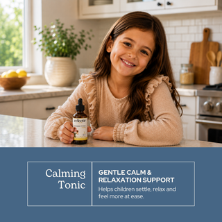 Bottle of Calming Tonic kids herbal extract with organic calming herbs and peppermint oil