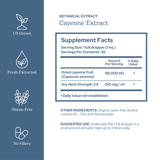Bottle of organic cayenne extract for circulatory, cardiovascular, and digestive support made from US-grown cayenne peppers
