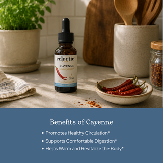 Organic cayenne extract bottle highlighting circulatory, digestive support and natural capsaicin benefits