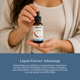 Cayenne extract bottle highlighting circulatory support, 90,000 SHU, organic, vegan, and US-grown cayenne ingredients