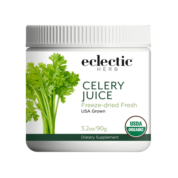 Fresh green celery juice powder in a scoop made from organic U.S. celery