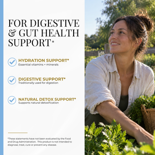 Promotional graphic for a digestive and gut health support product. The left side features text highlighting three benefits: hydration support, digestive support, and natural detox support, with checkmarks.