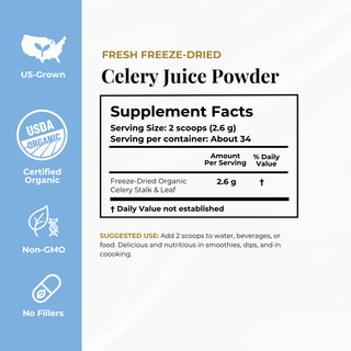 A product information panel for Fresh Freeze-Dried Celery Juice Powder. The panel includes a light blue vertical sidebar with icons for US-Grown, USDA Organic Certified, Non-GMO, and No Fillers, alongside text.
