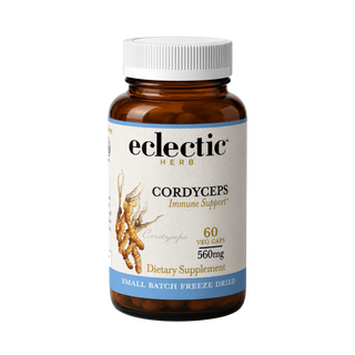 Cordyceps capsules bottle with organic freeze-dried mushroom supplement for energy, stamina, and immune support