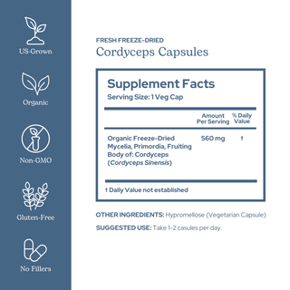 Cordyceps capsules bottle with organic mushroom supplement for energy, stamina, immune, and respiratory support