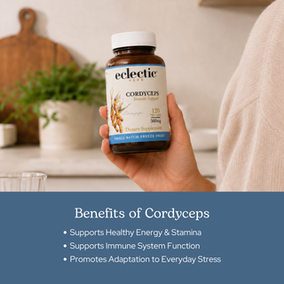Cordyceps capsules bottle with organic freeze-dried mushroom supplement for energy, immune support, and stamina
