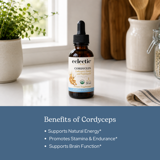 Bottle of organic Cordyceps extract supporting energy, stamina, and respiratory health