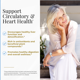 A promotional graphic with text on the left reading 'Support Circulatory & Heart Health' and three bullet points, alongside a smiling older woman in a light pink top and white skirt seated outdoors on the right.