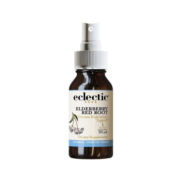 Elderberry Red Root Throat Spray bottle with natural herbal ingredients for immune support and respiratory health