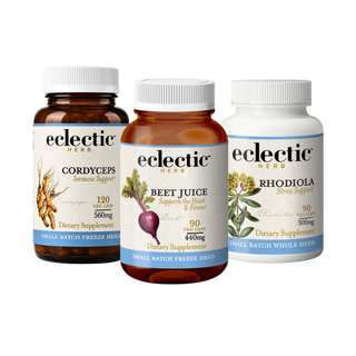 Energy and Circulation Bundle supplement set with Beet Juice, Cordyceps, and Rhodiola for healthy circulation, energy, focus, and stress support