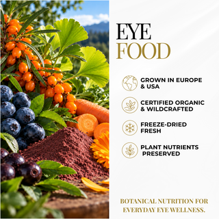 Promotional graphic for an eye food product, featuring a colorful harvest-style arrangement of berries, blueberries, orange berries, leafy greens, carrots, and a mound of dark brown powder on the left, alongside text on a white background reading 'EYE FOOD' and four feature callouts about European/US growth, organic certification, freeze-dried freshness, and plant nutrients.
