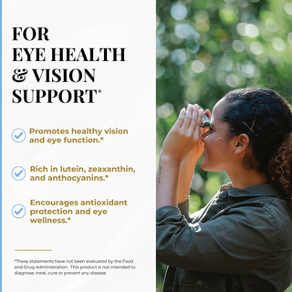 A promotional graphic for eye health and vision support, with text on the left and a woman in profile holding binoculars to her eyes on the right against a blurred green outdoor background.