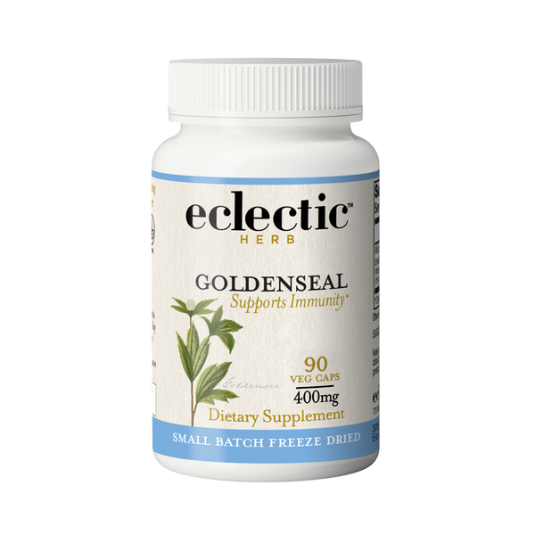 Bottle of US-grown small batch freeze-dried goldenseal capsules supporting immune, respiratory, and digestive health