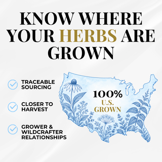 Promotional graphic with the headline 'KNOW WHERE YOUR HERBS ARE GROWN' above a blue illustrated map of the United States decorated with botanical drawings. Text on the graphic highlights traceable sourcing, closer to harvest, and grower & wildcrafter relationships, with '100% U.