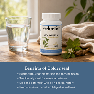 Goldenseal capsules bottle with freeze-dried US-grown goldenseal herb for immune and digestive health