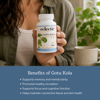Gotu Kola capsules bottle highlighting memory support, circulation, clean organic formula, and sustainable sourcing