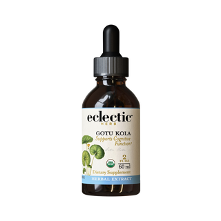 Gotu Kola extract bottle highlighting cognitive support, skin health, circulation, and organic, vegan ingredients