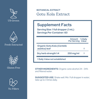 Gotu Kola extract bottle with organic label highlighting cognitive, skin, circulation support, and sustainable sourcing
