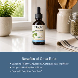 Gotu Kola extract bottle highlighting cognitive, skin, circulation support with organic, vegan formula