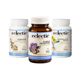 Gut Health Bundle with purple probiotic, ginger, and dandelion root supplements for digestive and liver support