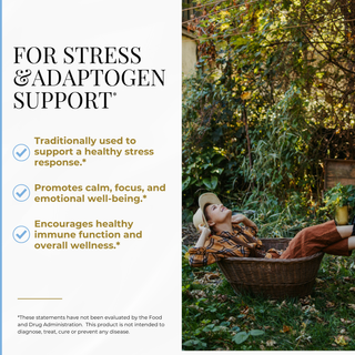 Promotional graphic for stress and adaptogen support, featuring a woman lying in a wicker basket in a garden on the right, and text on the left describing benefits including traditional use for a healthy stress response, promotion of calm and focus, and encouragement of healthy immune function.