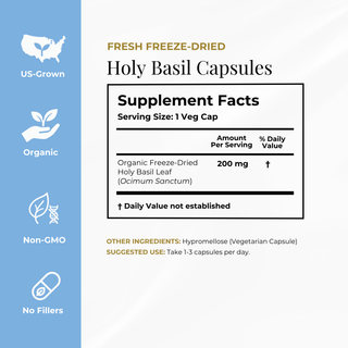 A product information graphic for Holy Basil Capsules. The left side has a blue vertical band with white icons and text reading US-Grown, Organic, Non-GMO, and No Fillers.
