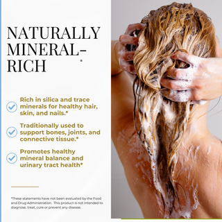 Promotional graphic for a hair shampoo or scalp massage product. The left side has a white background with black text reading 'NATURALLY MINERAL-RICH' and three bullet points about silica, minerals, and bone/joint support.
