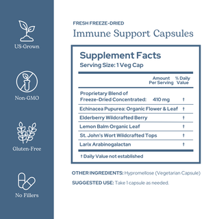 Bottle of immune support capsules with elderberry, echinacea, lemon balm, and St. John's wort ingredients