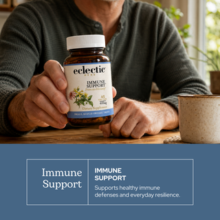 Immune support capsules with elderberry, echinacea, lemon balm, St. John’s wort, and Larix for balanced immune function and seasonal resilience