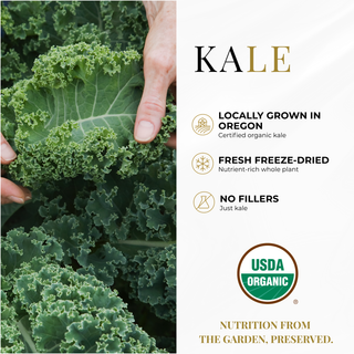 Eclectic Herb kale graphic highlighting locally grown, fresh freeze-dried kale with no fillers or unnecessary additives.