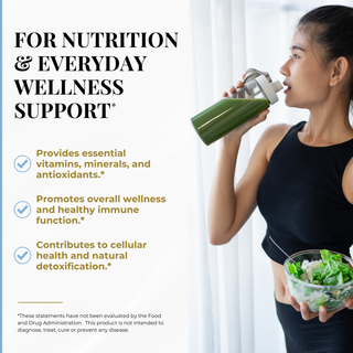 A woman in a black tank top drinks from a green shaker bottle while holding a bowl of salad, set against a bright indoor background. Large text on the left reads 'FOR NUTRITION & EVERYDAY WELLNESS SUPPORT' with three bullet points about vitamins, minerals, antioxidants, overall wellness, and cellular health.