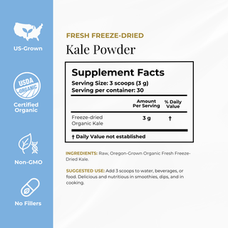 A product information panel for Kale Freeze-Dried Celery Juice Powder. The panel includes a light blue vertical sidebar with icons for US-Grown, USDA Organic Certified, Non-GMO, and No Fillers, alongside text.