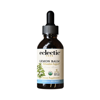 Bottle of organic Lemon Balm extract supporting calm nervous system and restful sleep