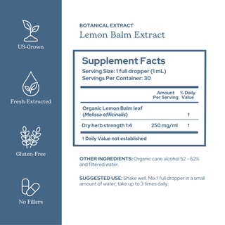 Lemon Balm extract bottle with organic US-grown ingredients supporting calm, mood, and digestion