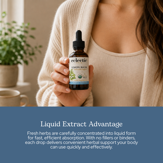 Bottle of organic lemon balm extract with dropper for calm nervous system and restful sleep support